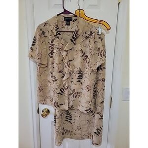Laura Scott Skirt Set Size L/XL Tan Brown‎ Floral Short Sleeve Elastic Ruffle